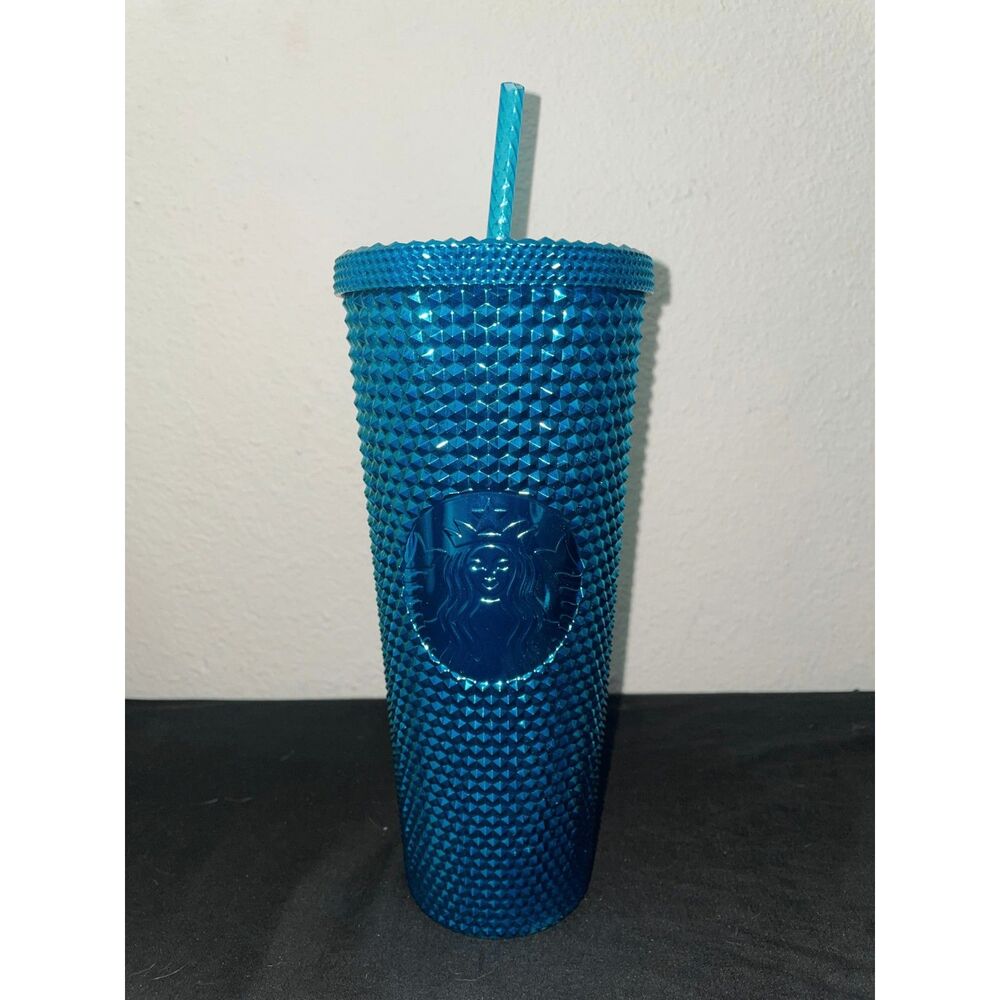 Starbucks Metallic Blue Studded Cold Cup Tumbler 24 oz Venti with Straw